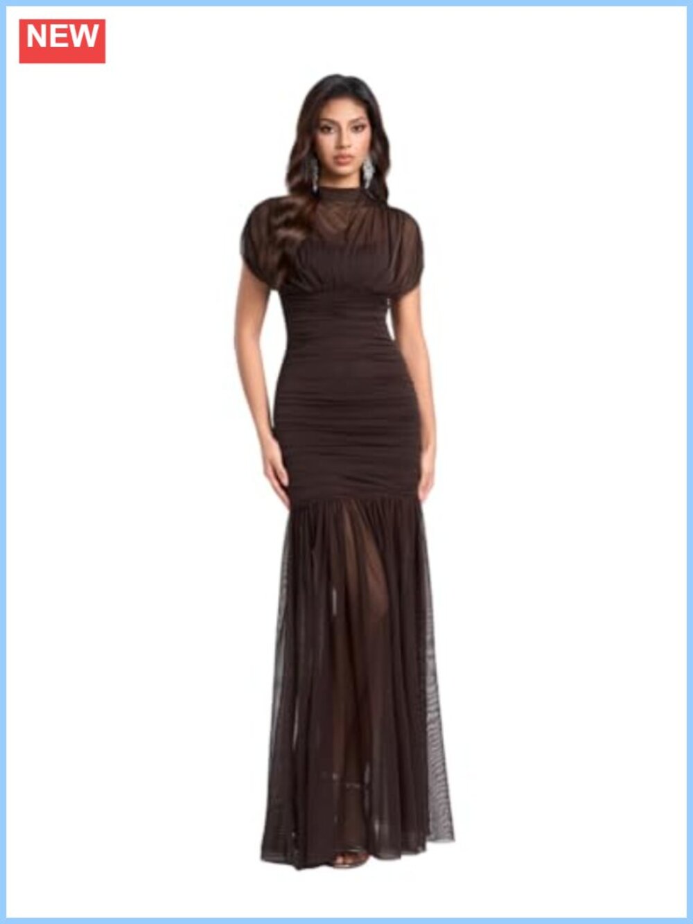 Sheer Mesh Ruched Maxi Dress High Neck Short Sleeve Bodycon Formal Evening Gown